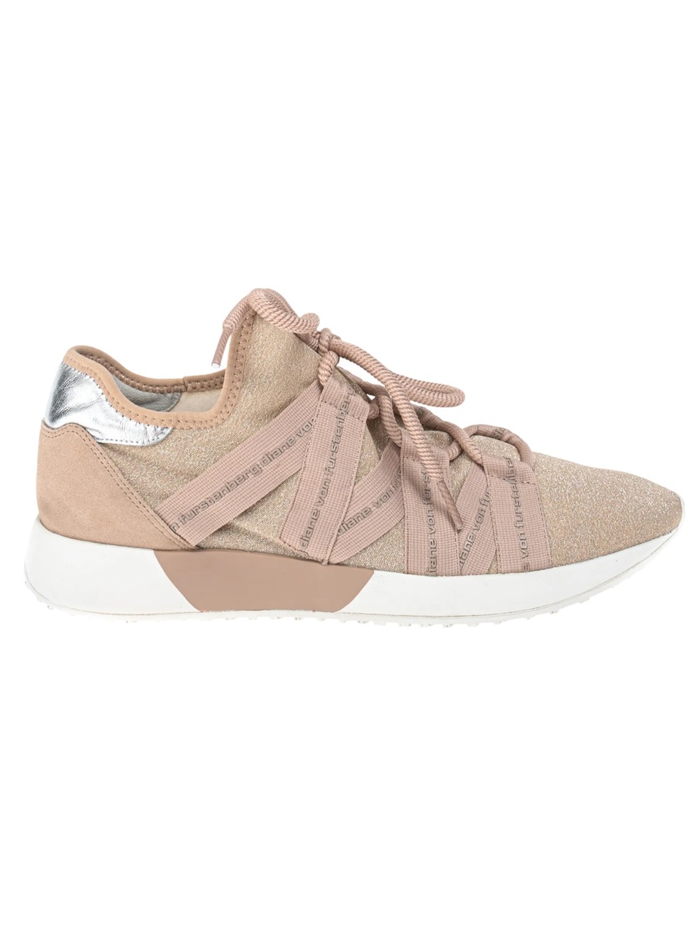 🩰🫧 Diane Von Furstenberg Pink Pandora‎ Metallic Tan Knit Lace-Up Sneakers 🫧🩰